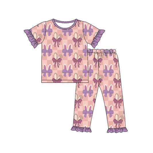 X919Preorder (moq 5)Baby Girls Pink Checked Rabbits Bows Top Ruffle Pants Easter Pajamas Sets