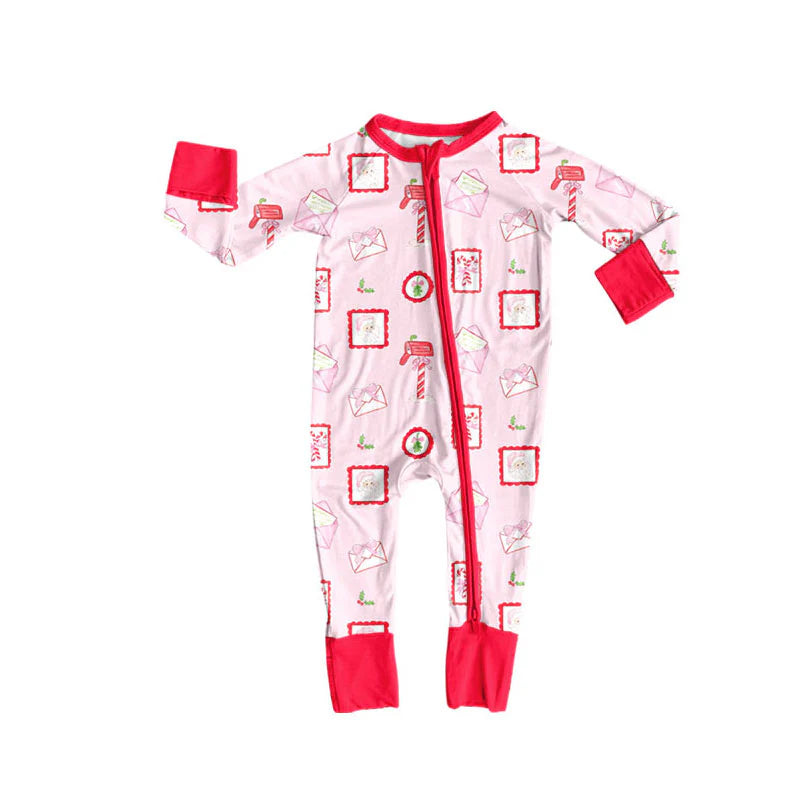 X101Preorder (moq 5)Baby Girls Santa Letters Christmas Zipper Footie Rompers