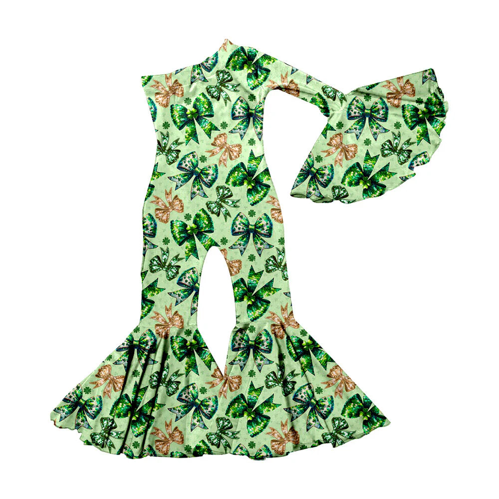 X11.19Preorder(moq 5) Baby Girls Green Clovers Bows St Patrick Bell Bottom Jumpsuits