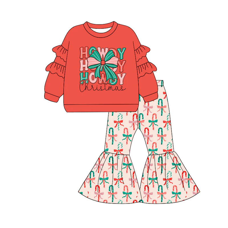 8.13Baby Girls Western Howdy Bow Christmas Top Bell Pants Sets