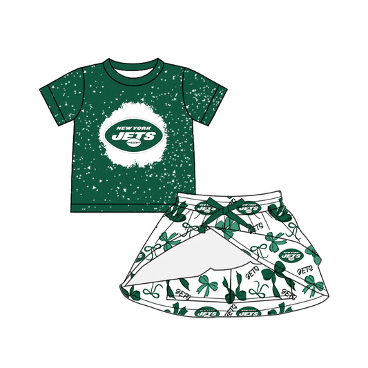 7.2Preorder (moq 5)Baby Girls Green Short Sleeves Jets Top Bows Plaid Skorts Team Set