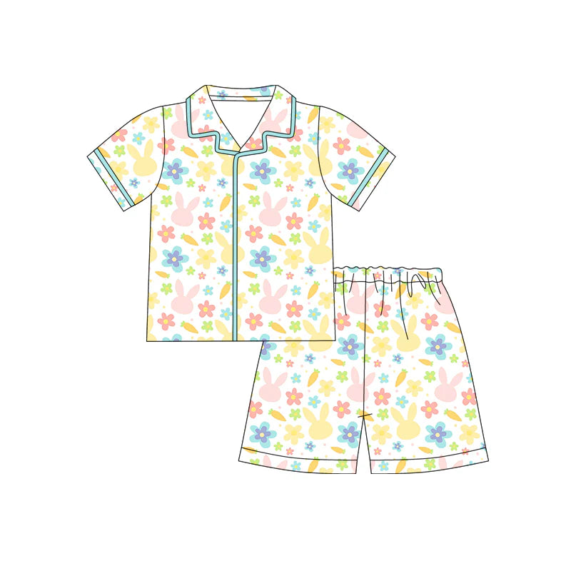 X12.17 Preorder (moq 5)Baby Girls Rabbits Carrots Flowers Button Top Shorts Easter Pajamas Sets