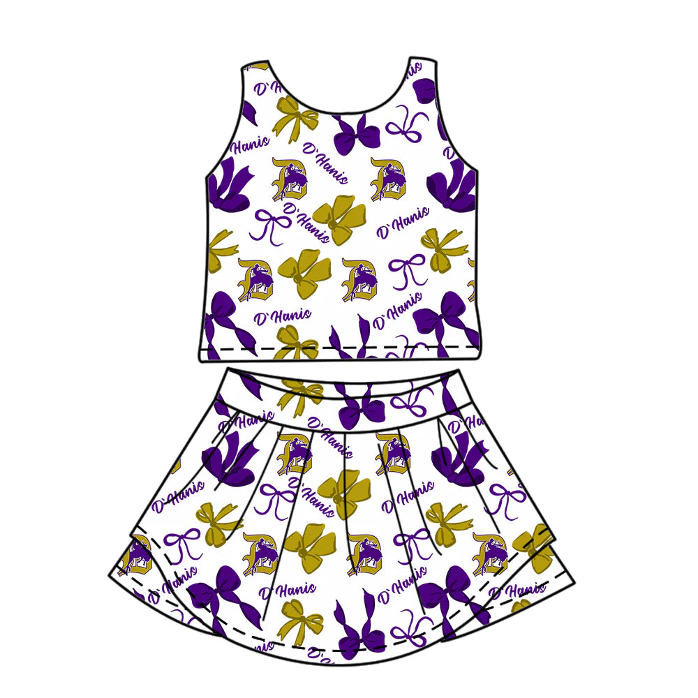 7.3Preorder (moq 5)Baby Girls Purple Sleeveless Horse Rodeos Bows Plaid Top Skorts Team Set