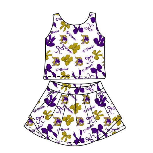 7.3Preorder (moq 5)Baby Girls Purple Sleeveless Horse Rodeos Bows Plaid Top Skorts Team Set