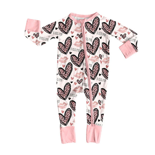 X919Preorder (moq 5)Baby Girls Pink Leopard Hearts Kiss Me Valentine Zipper Footie Rompers