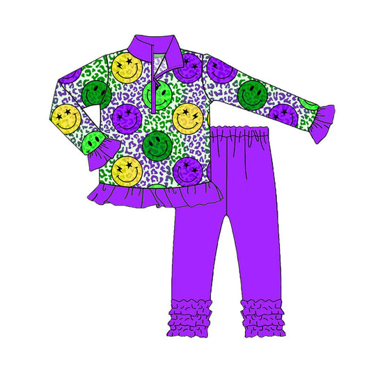 X909Preorder (moq 5)Baby Boys Mardi Gras Smiles Leopard Zipper Pullover Ruffle Leggings Clothes Sets