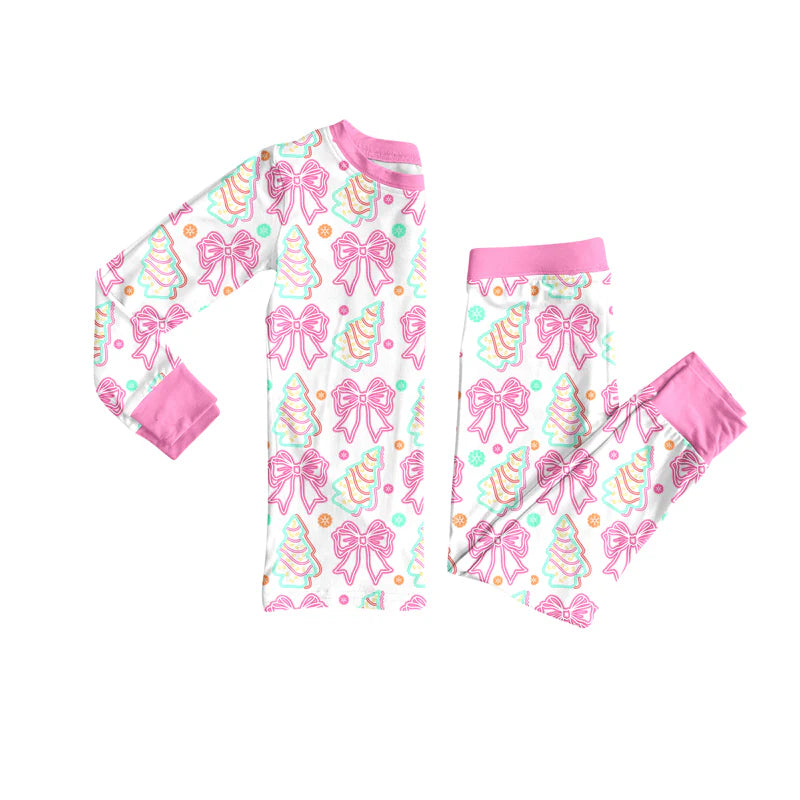 7.10Preorder (moq 5)Baby Girls Long Sleeves Pink Bows Trees Top Pant Pajamas Clothes Set