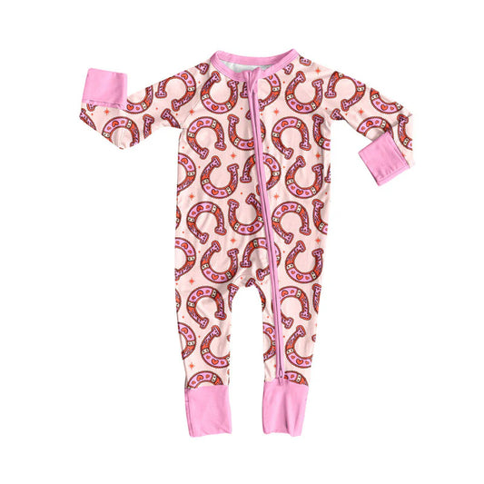 X922Preorder (moq 5)Baby Girls Long Sleeve Horse Shoes Hearts Zipper Footie Rompers