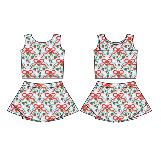 8.2Preorder (moq 5)Baby Girls Red Bows Strawberry Plaid Vest Top Skorts Set