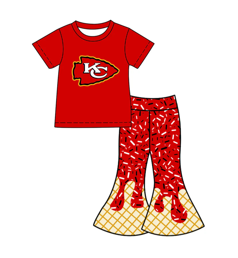 X12.1Preorder (moq 5)Baby Girls Red KC Top Drip Sprinkles Bell Bottom Pants Team Clothes Sets