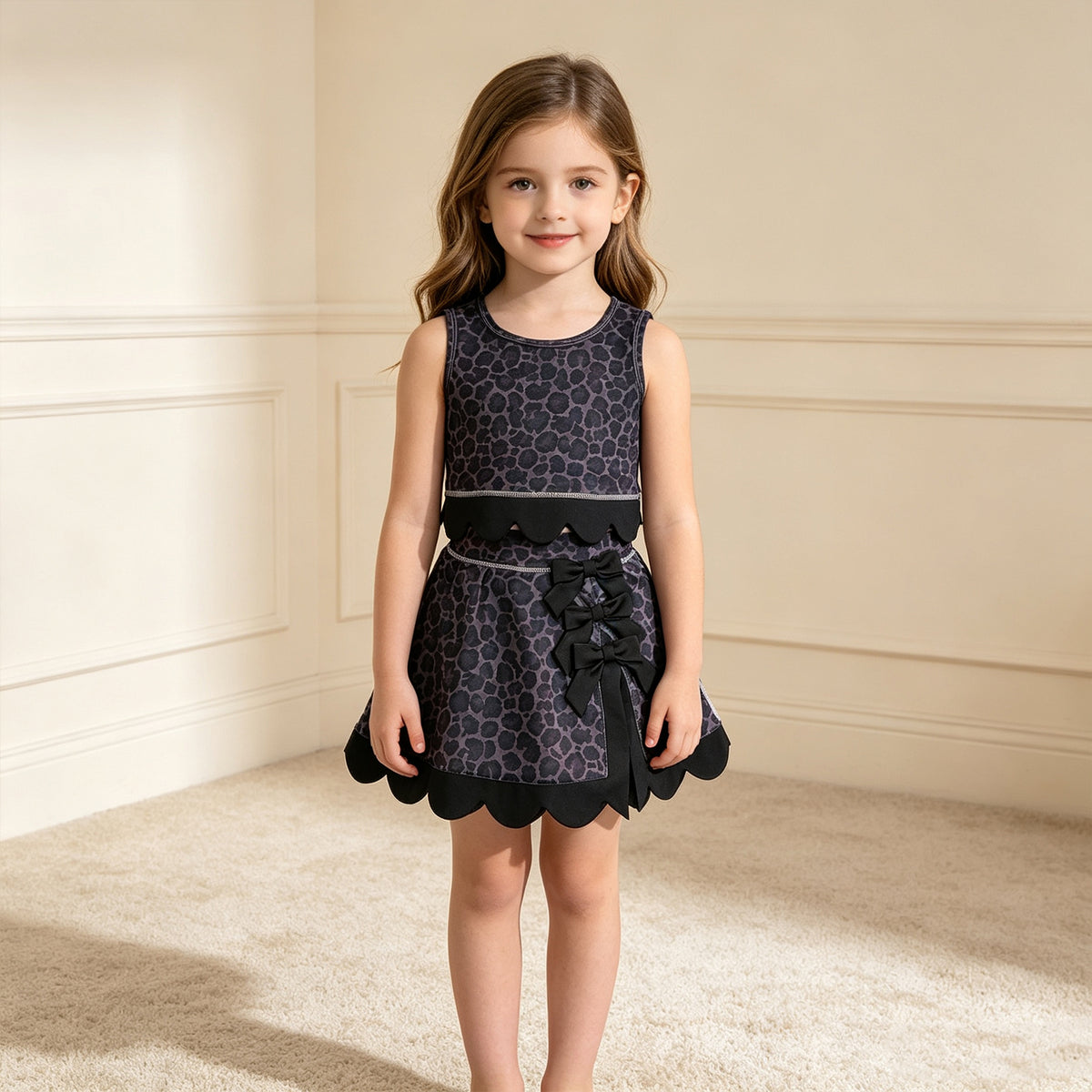 NEW RTS NO MOQ Yoga GSD4268 Baby Girls Black Leopard Vest Bows Skirt Short Yoga Active Scallop Clothes Set