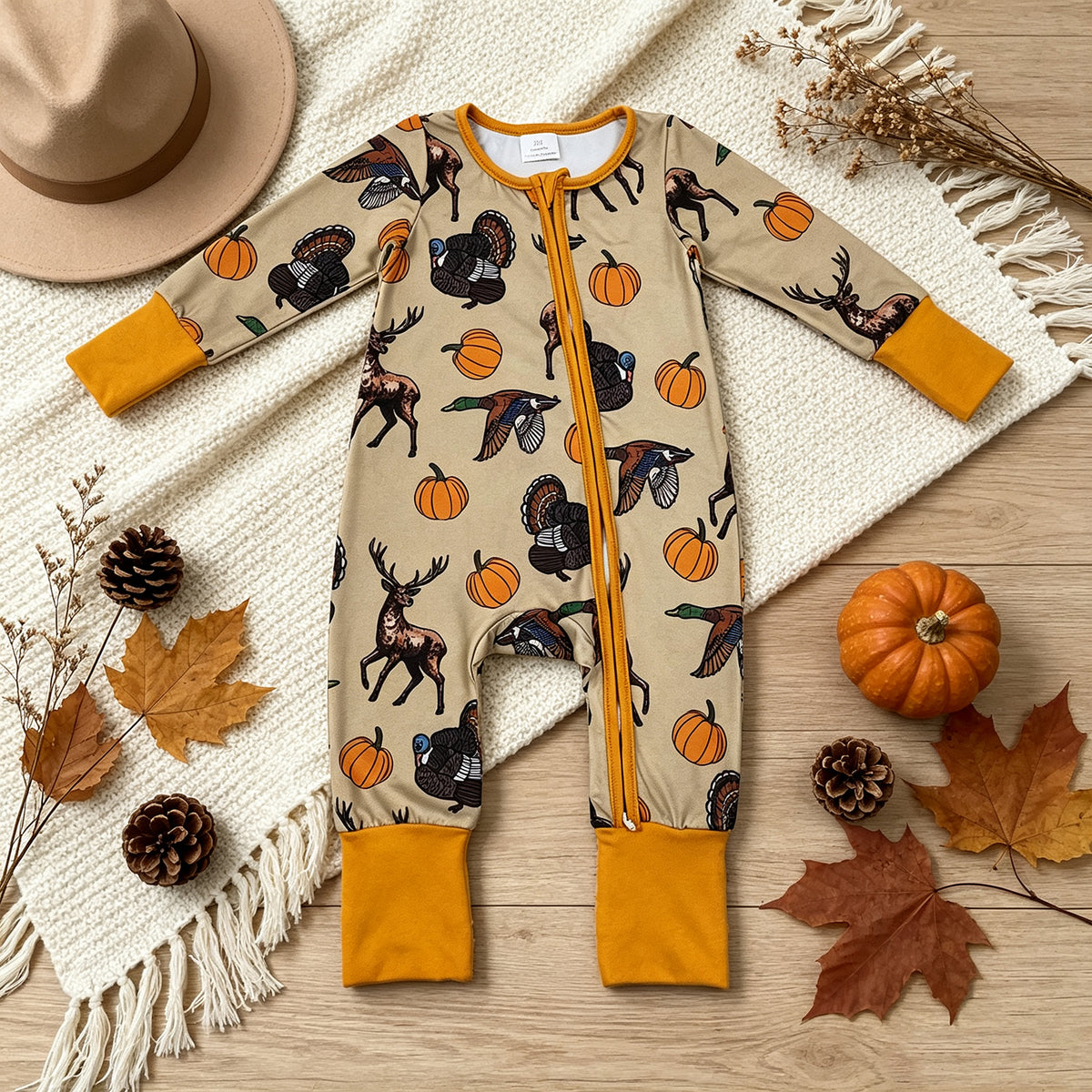NEW RTS NO MOQ milk silk LR3251 Baby Boys Pumpkins Turkey Ducks Deer Thanksgivings Two Way Zip Convertible Rompers