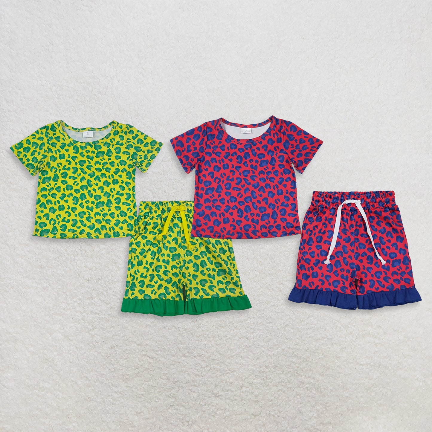 RTS NO MOQ Sibling milk silk Baby Girls Leopard Print Short Sleeve Top Ruffle Hem Shorts Summer Set