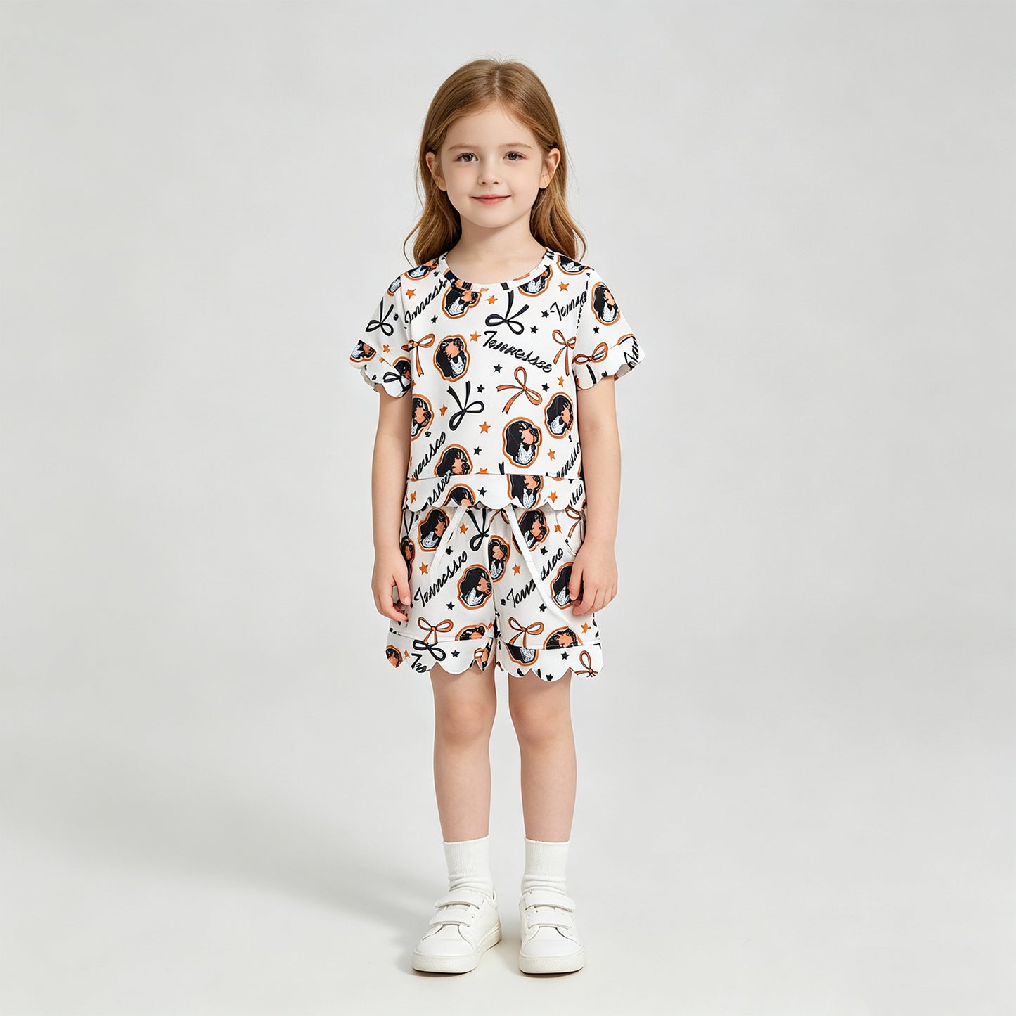 NEW RTS NO MOQ milk silk GSSO3251 Baby Girls Bows Tennessee Top Pockets Shorts Team Scallop Clothes Sets