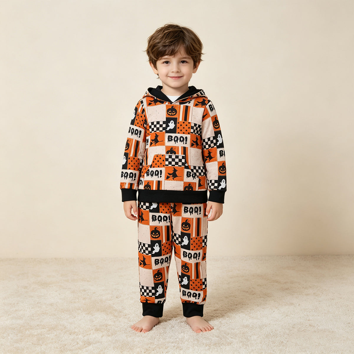 NEW RTS NO MOQ milk silk BLP1544 Baby Boys Ghost Pumpkins Hoodie Pockets Jogger Halloween Clothes Set