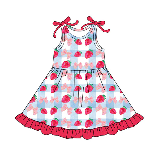 X1.12Preorder (moq 5)Baby Girls Sleeveless Bows Strawberry Checked Ruffle Knee Length Dresses