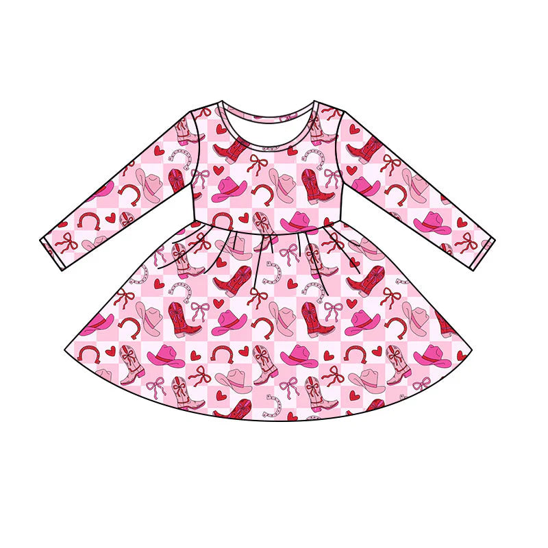X11.12Preorder(moq 5) Baby Girls Pink Checked Hearts Boots Valentines Knee Length Dresses