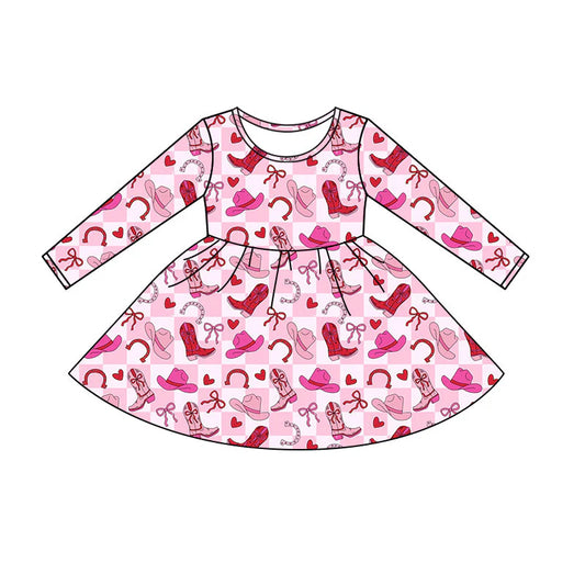 X11.12Preorder(moq 5) Baby Girls Pink Checked Hearts Boots Valentines Knee Length Dresses