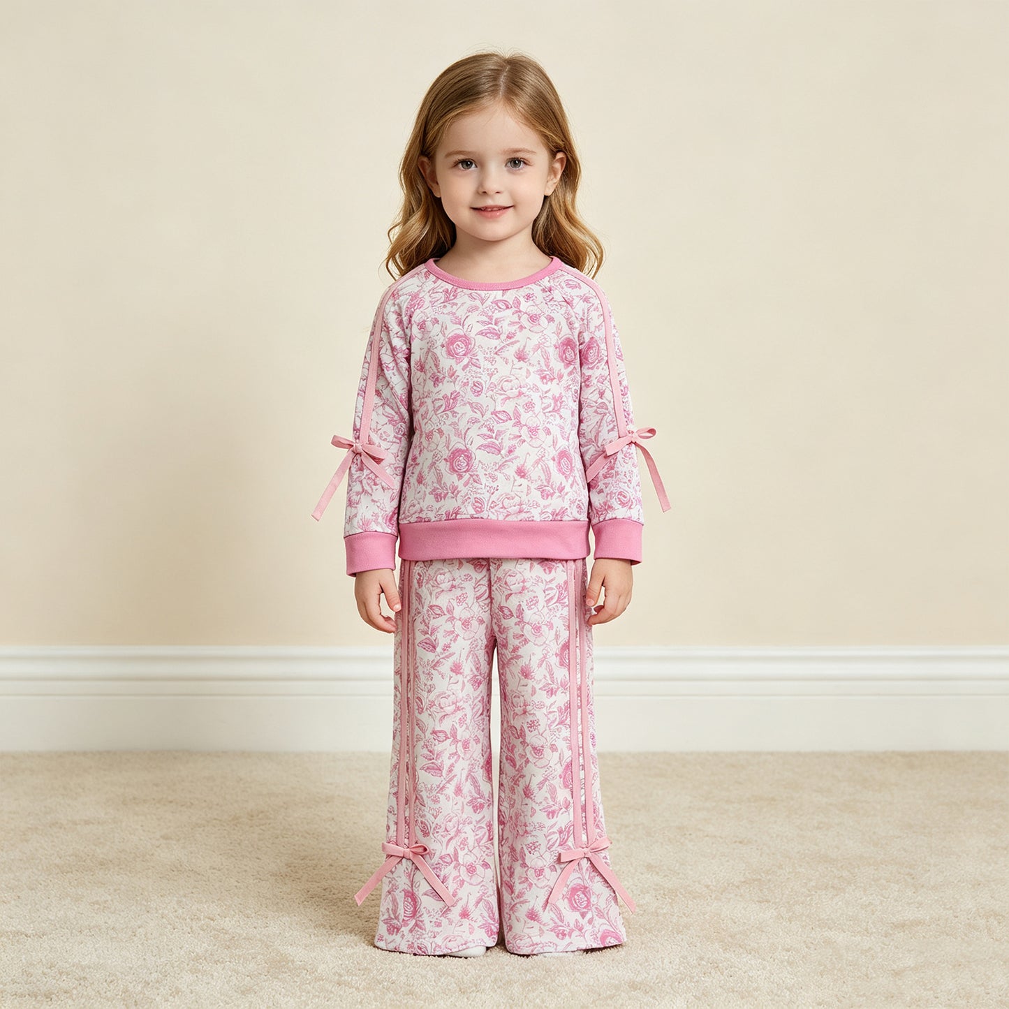 NEW RTS NO MOQ milk silk GLP3366 Baby Girls Pink Floral Print Long Sleeve Top Pockets Flare Pant Fall Outfit Set