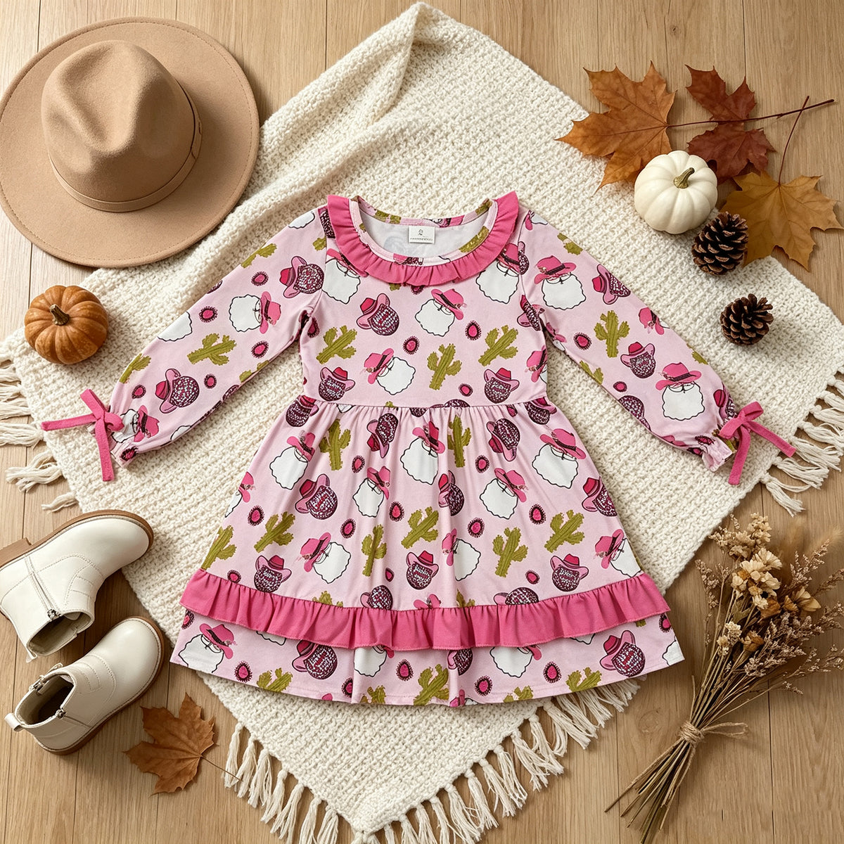 NEW RTS NO MOQ milk silk GLD0753 Baby Girls Santa Cactus Christmas Western Ruffle Knee Length Dresses