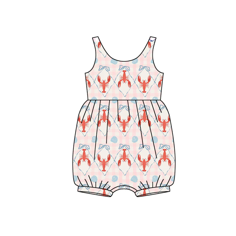 X12.15 Preorder (moq 5)Baby Girls Sleeveless Pink Checked Bows Crayfishes Ruffle Rompers