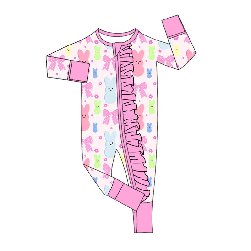 X923Preorder (moq 5)Baby Girls Colorful Flowers Rabbits Easter Ruffle Zipper Footie Rompers