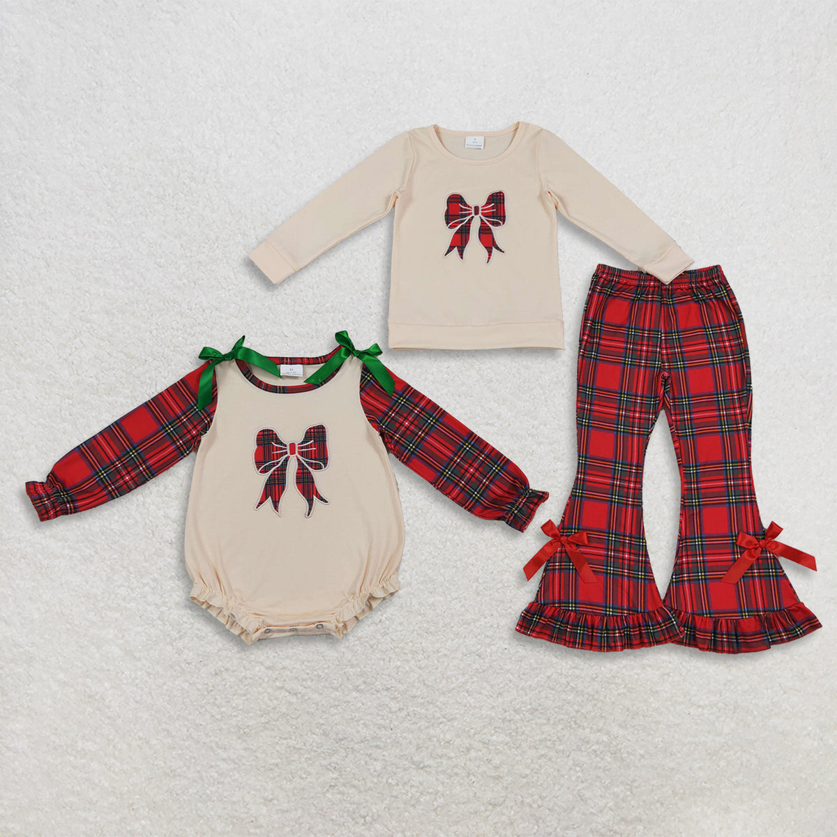 RTS NO MOQ Sibling milk silk Baby Girls Christmas Plaid Bow Embroidered Long Sleeve Top And Bell Bottom Outfit Romper