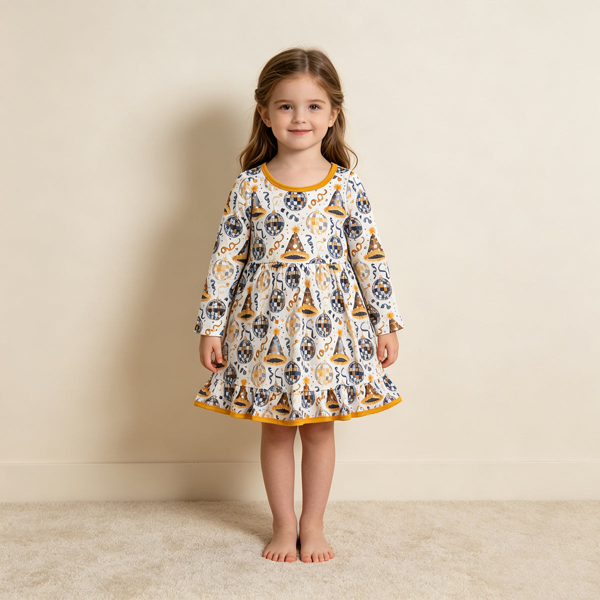 NEW RTS NO MOQ milk silk GLD1723 Baby Girls Stars Lights Happy New Year Ruffle Knee Length Dress
