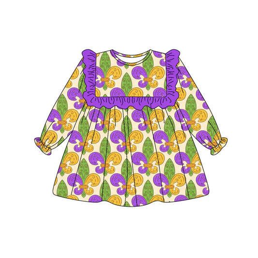 X926Preorder (moq 5)Baby Girls Purple Yellow Green Mardigras Ruffle Sleeve Knee Length Dresses