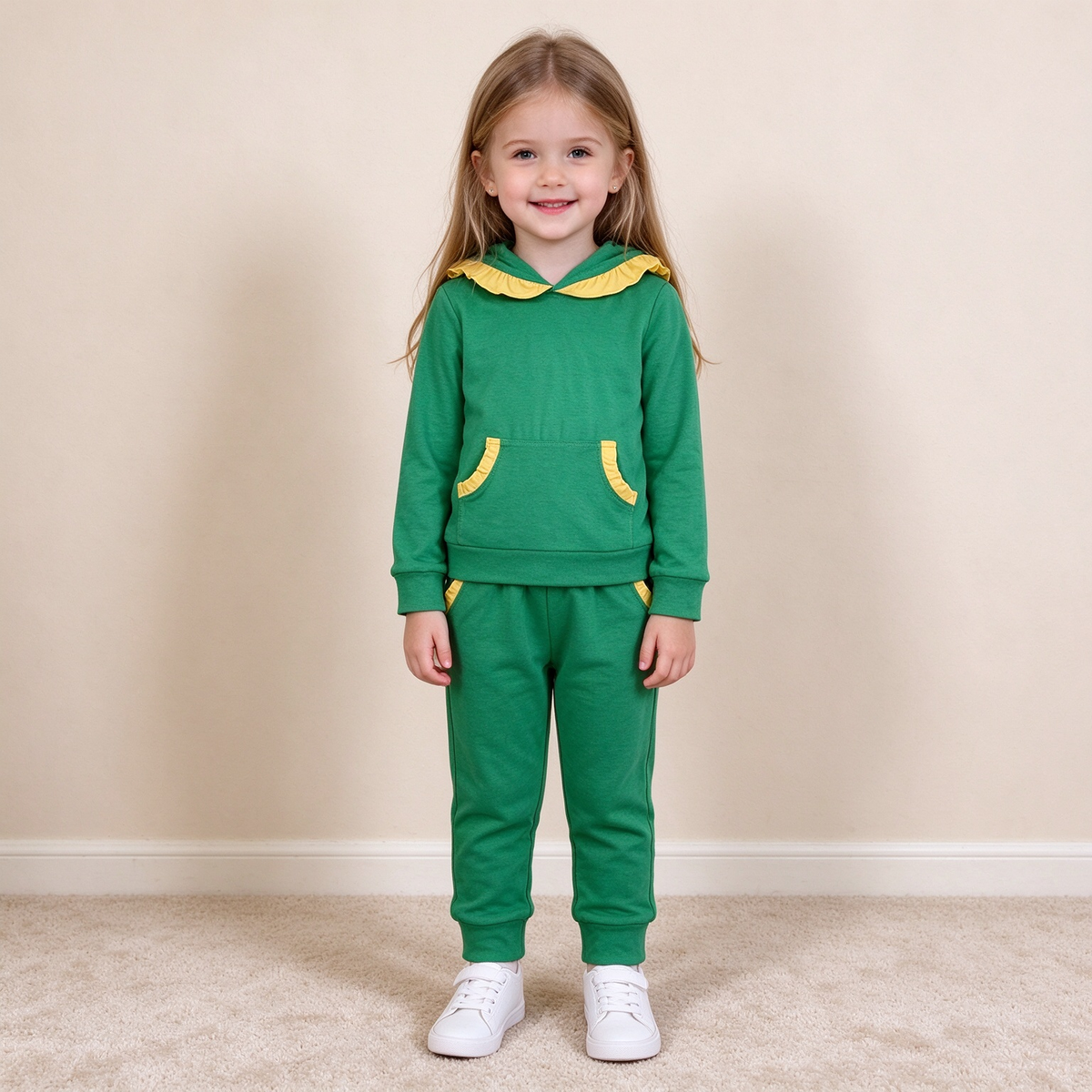 NEW RTS NO MOQ milk silk GLP3569 Baby Girls Yellow Green Ruffle Hoodie Pockets Jogger Clothes Sets