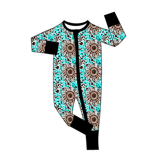 X11.24Preorder (moq 5)Baby Girls Blue Leopard Sunflowers Two Way Zip Convertible Rompers