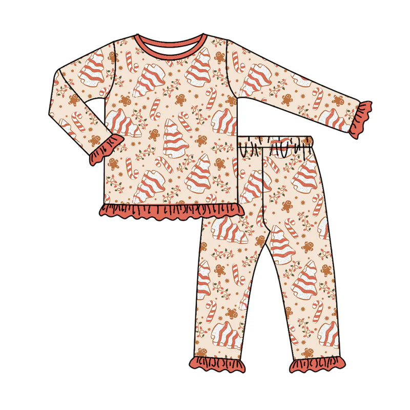 7.9Preorder (moq 5)Baby Girls Long Sleeves Trees Gingerbread Top Pant Pajamas Clothes Set
