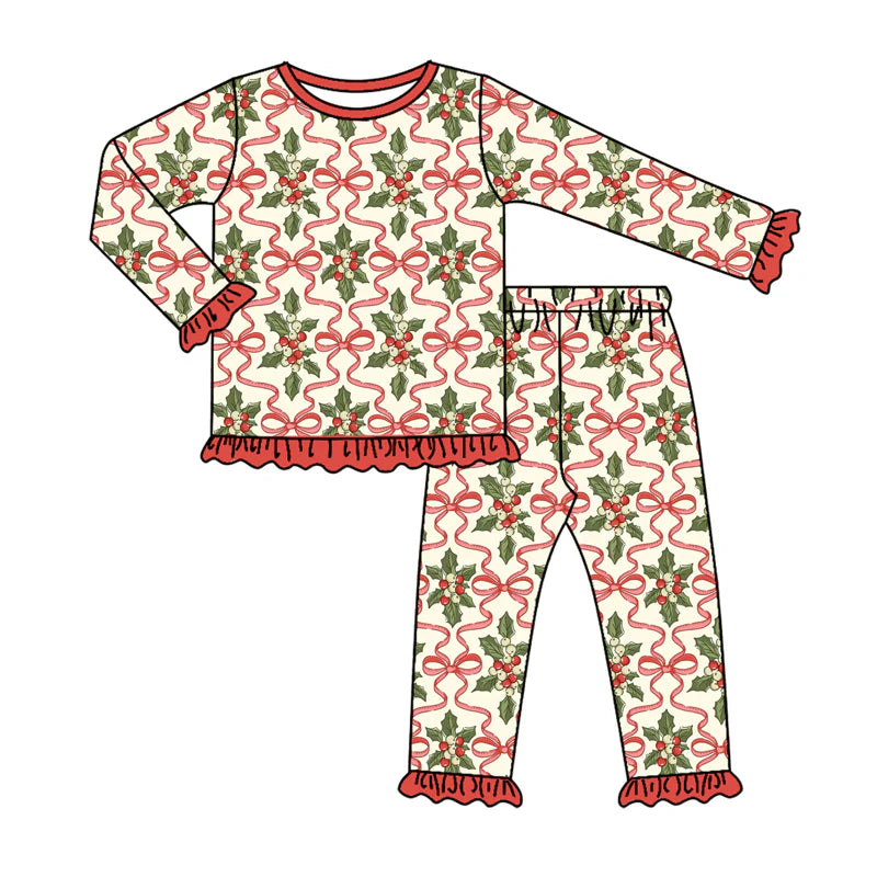 7.31Preorder(moq 5) Baby Girls Long Ruffle Sleeves Red Bows Holly Plaid Top Pants Pajamas Set