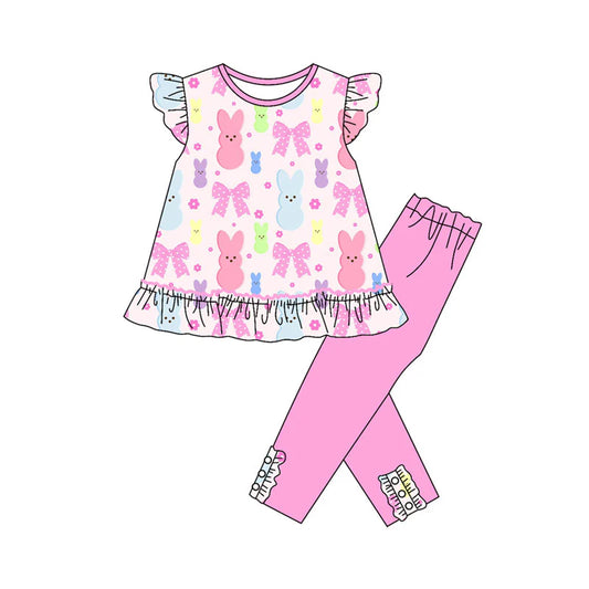 X923Preorder (moq 5)Baby Girls Colorful Flowers Rabbits Tunic Leggings Easter Clothes Sets