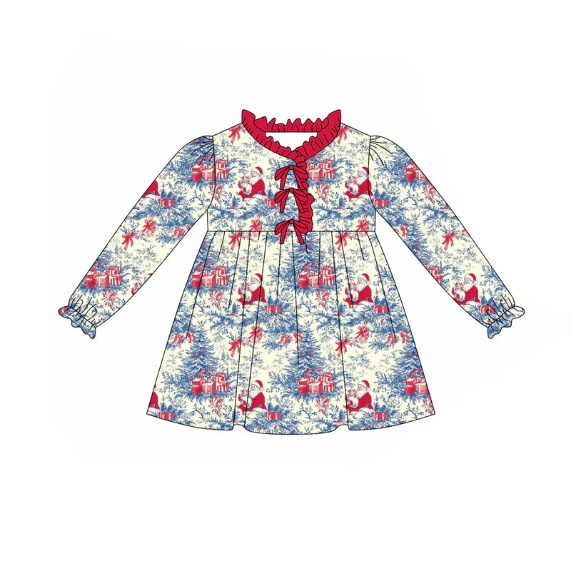 7.23Preorder (moq 5)Baby Girls Long Ruffle Sleeves Santa Floral Knee Length Dresses