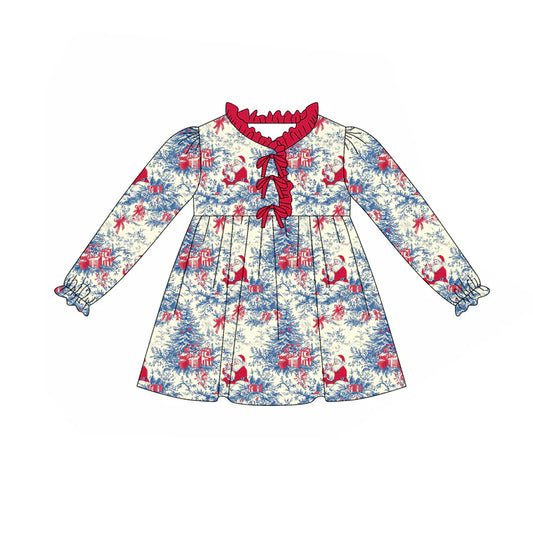 7.23Preorder (moq 5)Baby Girls Long Ruffle Sleeves Santa Floral Knee Length Dresses