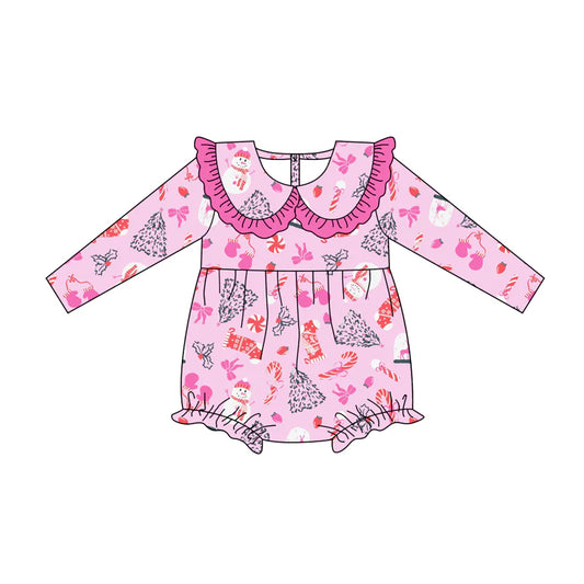 7.12Preorder (moq 5)Baby Girls Pink Long Sleeves Snowman Trees Candy Cane Ruffle Romper