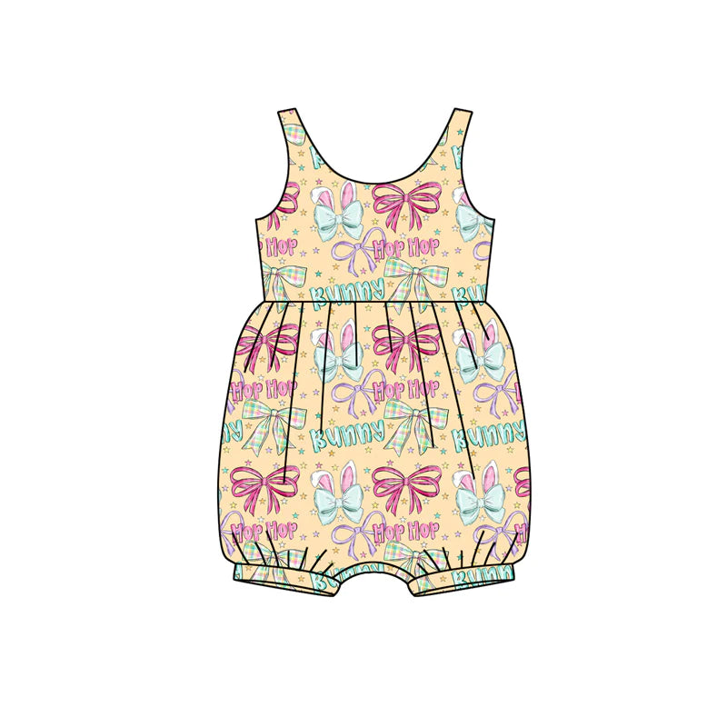 X12.15 Preorder (moq 5)Baby Girls Sleeveless Rabbits Bows HOP Easter Ruffle Rompers