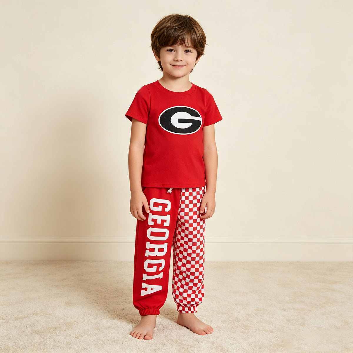 NEW RTS No moq Vinyl BSPO0700（BT1886+P1063）Baby Boys Red Vinyl Georgia Shirt Top Pockets Joggers Team Clothes Sets