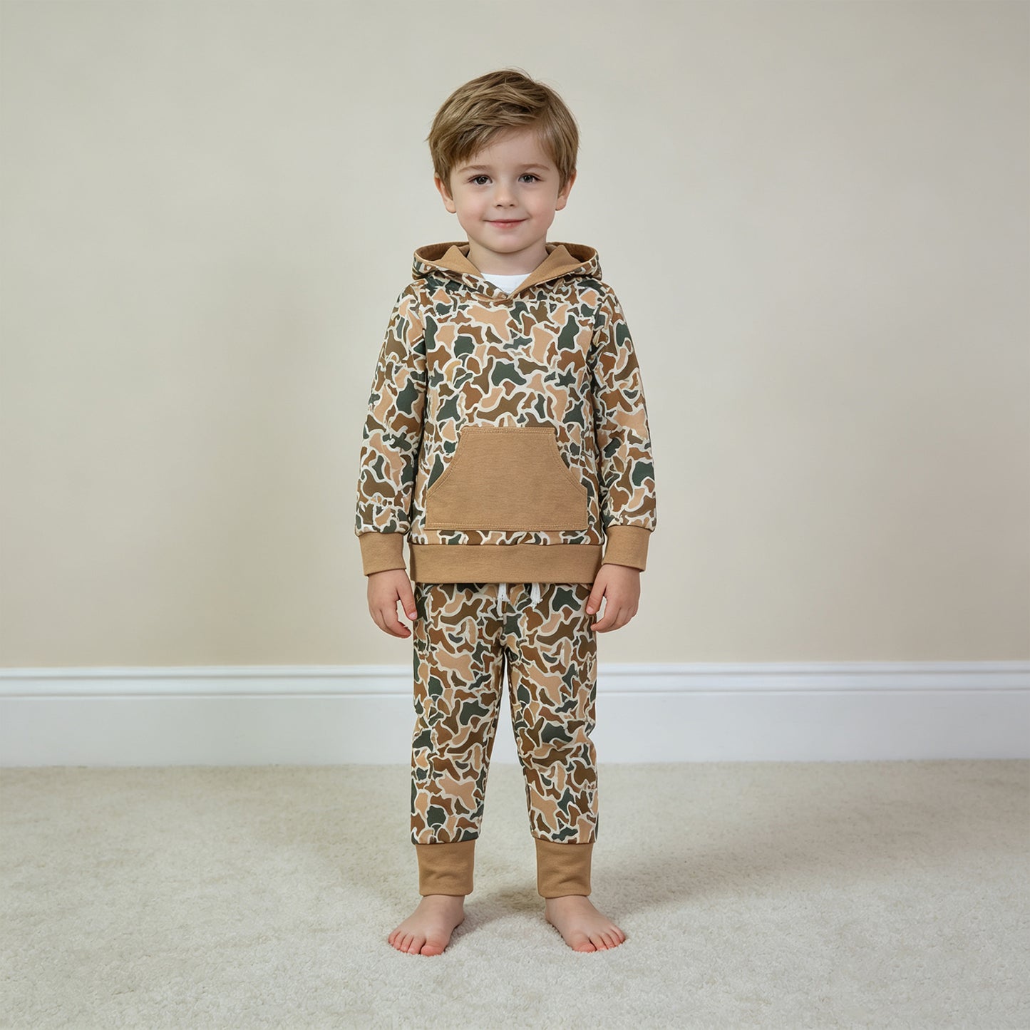 RTS NO MOQ milk silk BLP1509 Baby Boys Khaki Green Camo Hoodie Pocket Jogger Pants Clothes Set