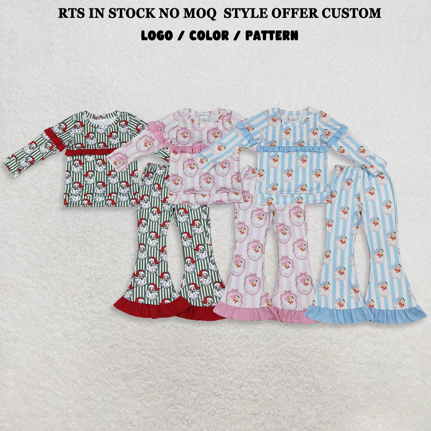 RTS NO MOQ Sibling milk silk Baby Girls Santa Green Stripe Top Bell Bottom Pant Christmas Clothes Sets Winter Holiday Outfit
