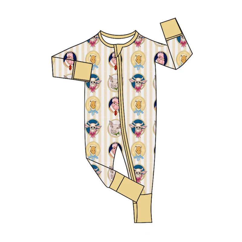 X11.24Preorder (moq 5)Baby Boys Yellow Stripe Pigs Chicks Farm Two Way Zip Convertible Rompers