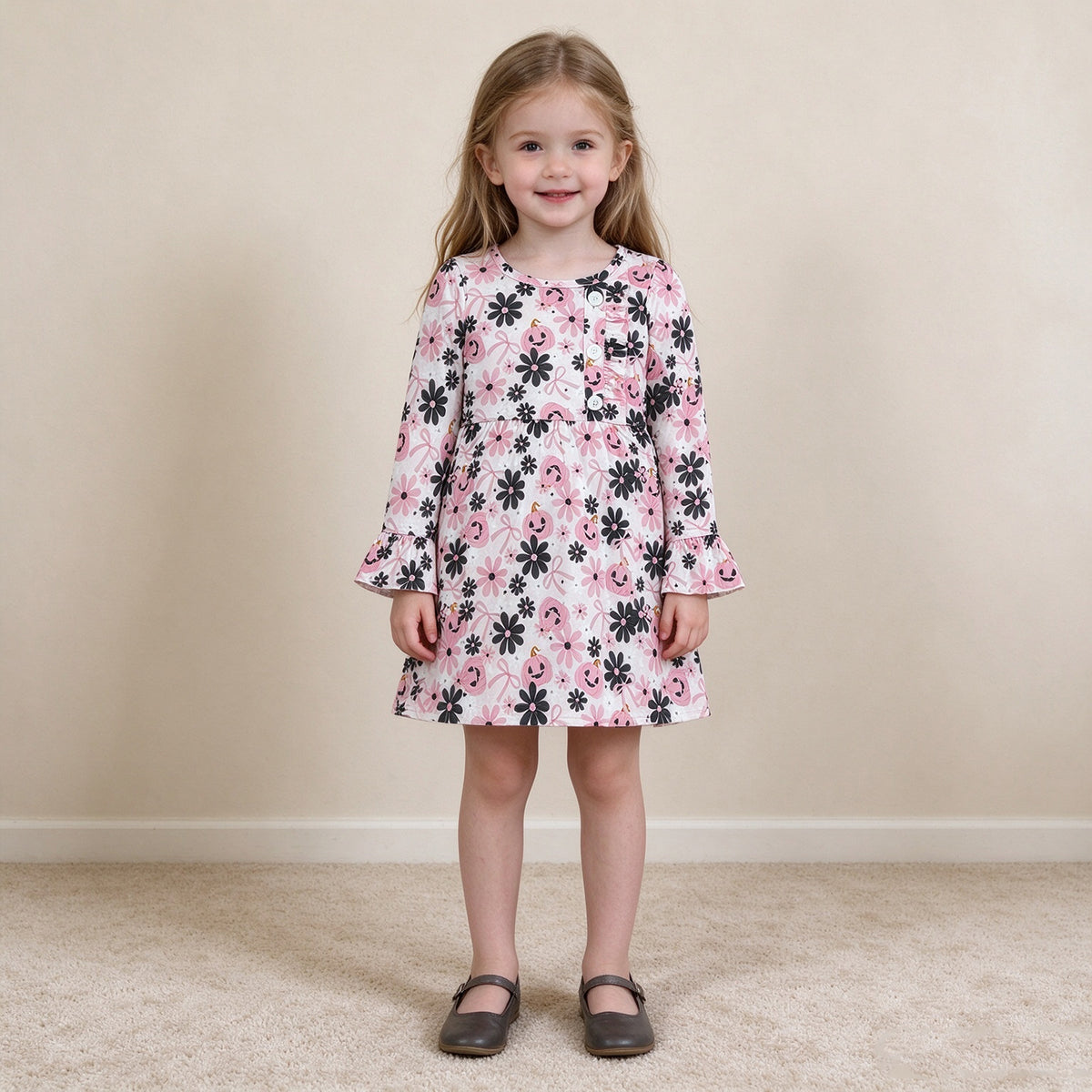 NEW RTS NO MOQ milk silk GLD1637 Baby Girls Ghosts Pumpkins Flowers Button Halloween Knee Length Dresses