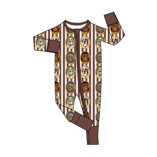 X11.24Preorder (moq 5)Baby Boys Brown Stripe Dogs Two Way Zip Convertible Rompers