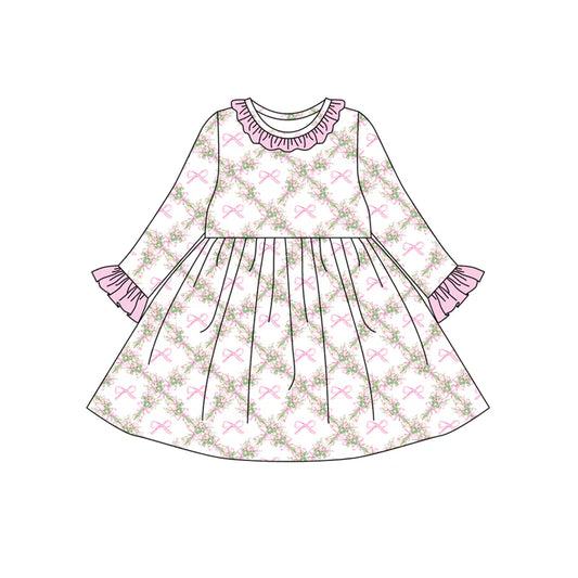 7.31Preorder(moq 5) Baby Girls Long Ruffle Sleeves Pink Bows Flowers Plaid Knee Length Dresses