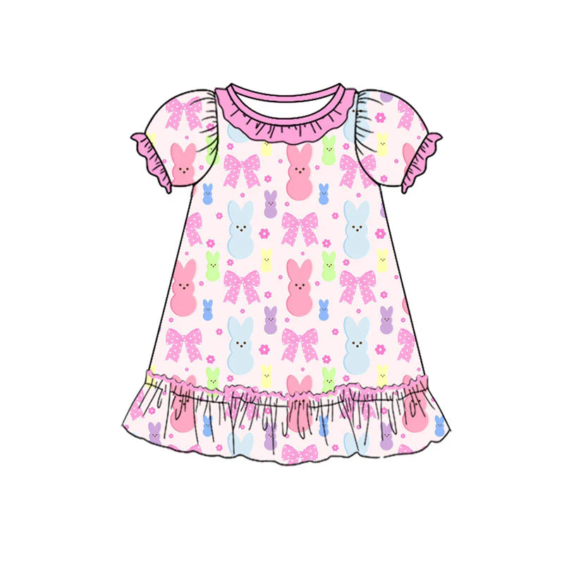 X923Preorder (moq 5)Baby Girls Colorful Flowers Rabbits Easter Ruffle Knee Length Dresses