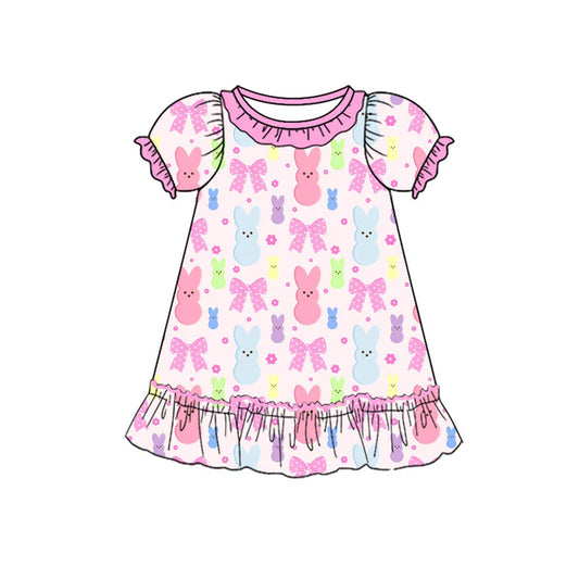 X923Preorder (moq 5)Baby Girls Colorful Flowers Rabbits Easter Ruffle Knee Length Dresses