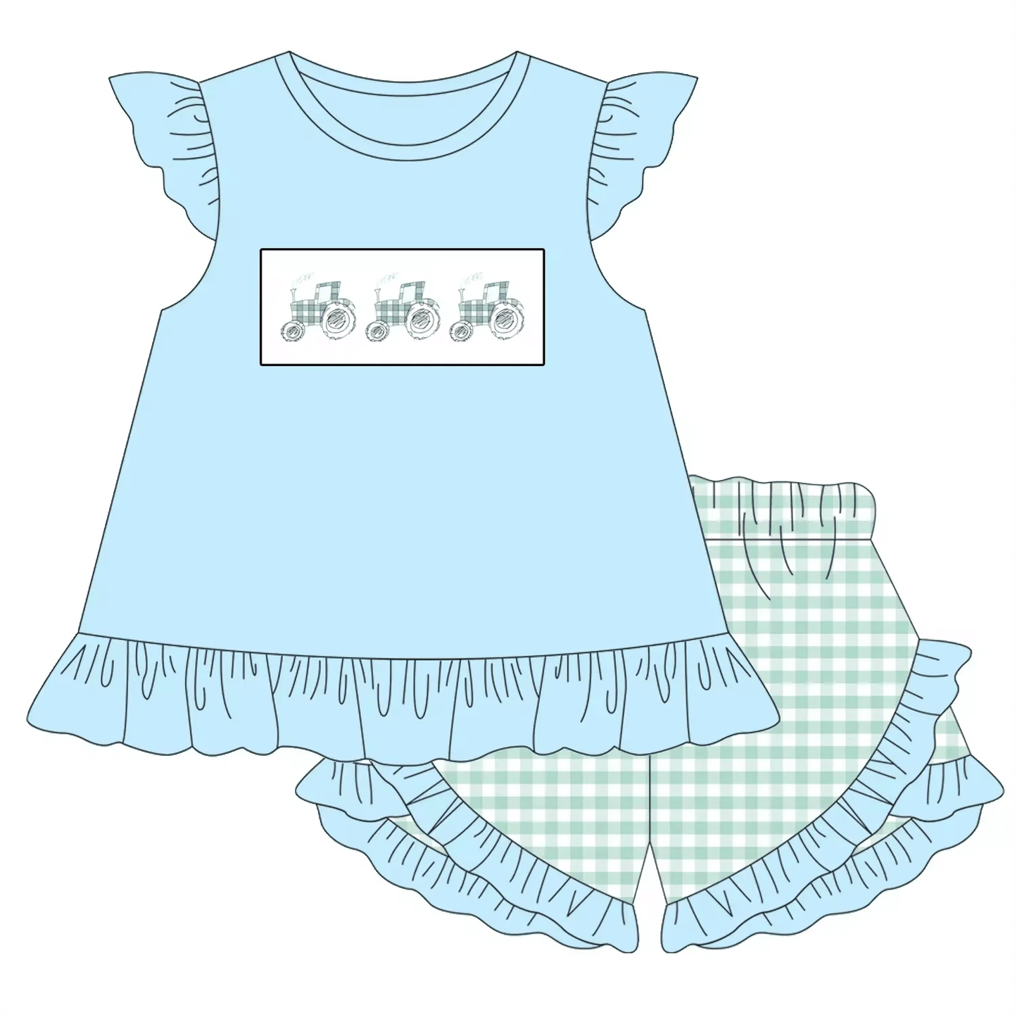 5.20 Girls Cartoon Car Blue Short Sleeve Suit