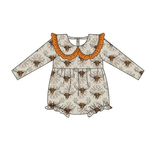 7.12Preorder (moq 5)Baby Girls Gray Long Sleeves Flower Bull Skulls Plaid Ruffle Romper