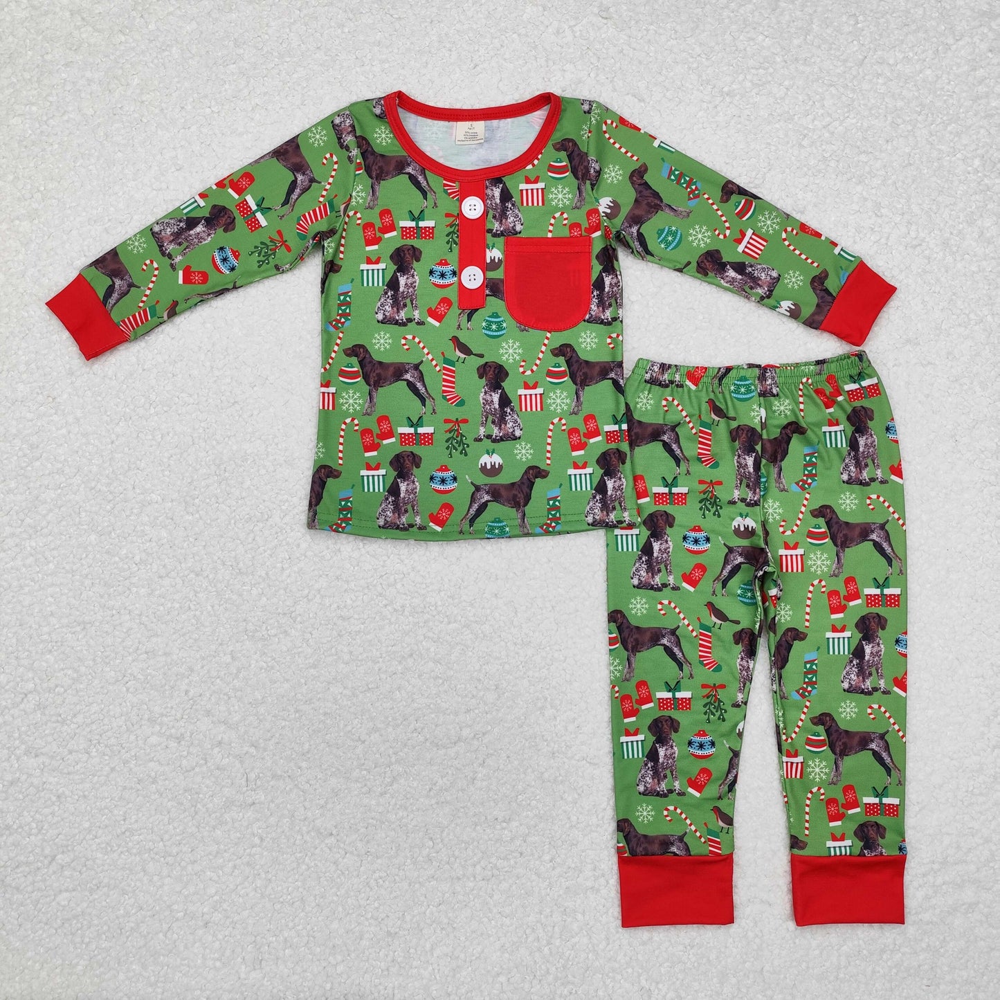 BLP0672 Modal Christmas tree gift puppy red pocket green long sleeve long pants pajamas set